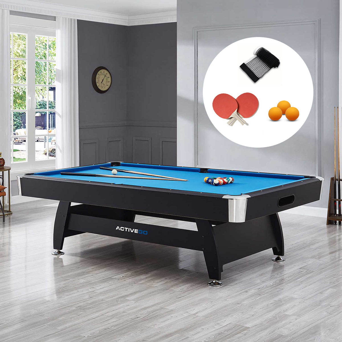 ActiveGo BreakShot 8ft High Speed Velvet Cloth Pool and Billiards Table with Ball Return, Solid Legs, 3-IN-1 Top for Table Tennis, full table Table Tennis and Pool Pool Cues, Balls and Accessories Included