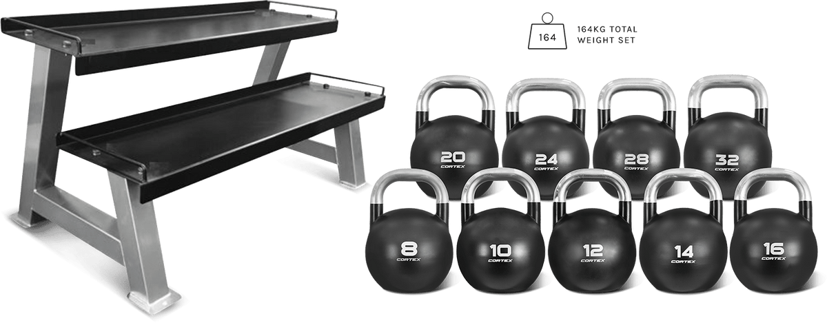 Commercial Steel Kettlebell V2 Package with Kettlebell Stand