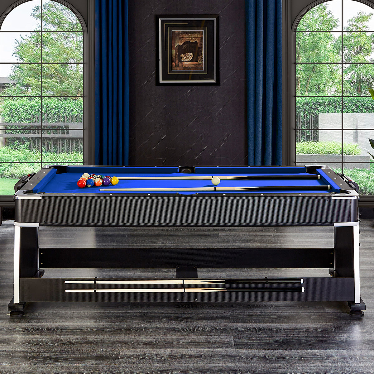 ActiveGo AirShot 4-IN-1 Velvet Cloth Pool Table and Air Hockey Table with Table Tennis and Desktop, Ball and Air Puck Return System and Easy-Flip Design, Full Air Hockey, Billiards Balls and Cues and Table Tennis Bats and Balls Included