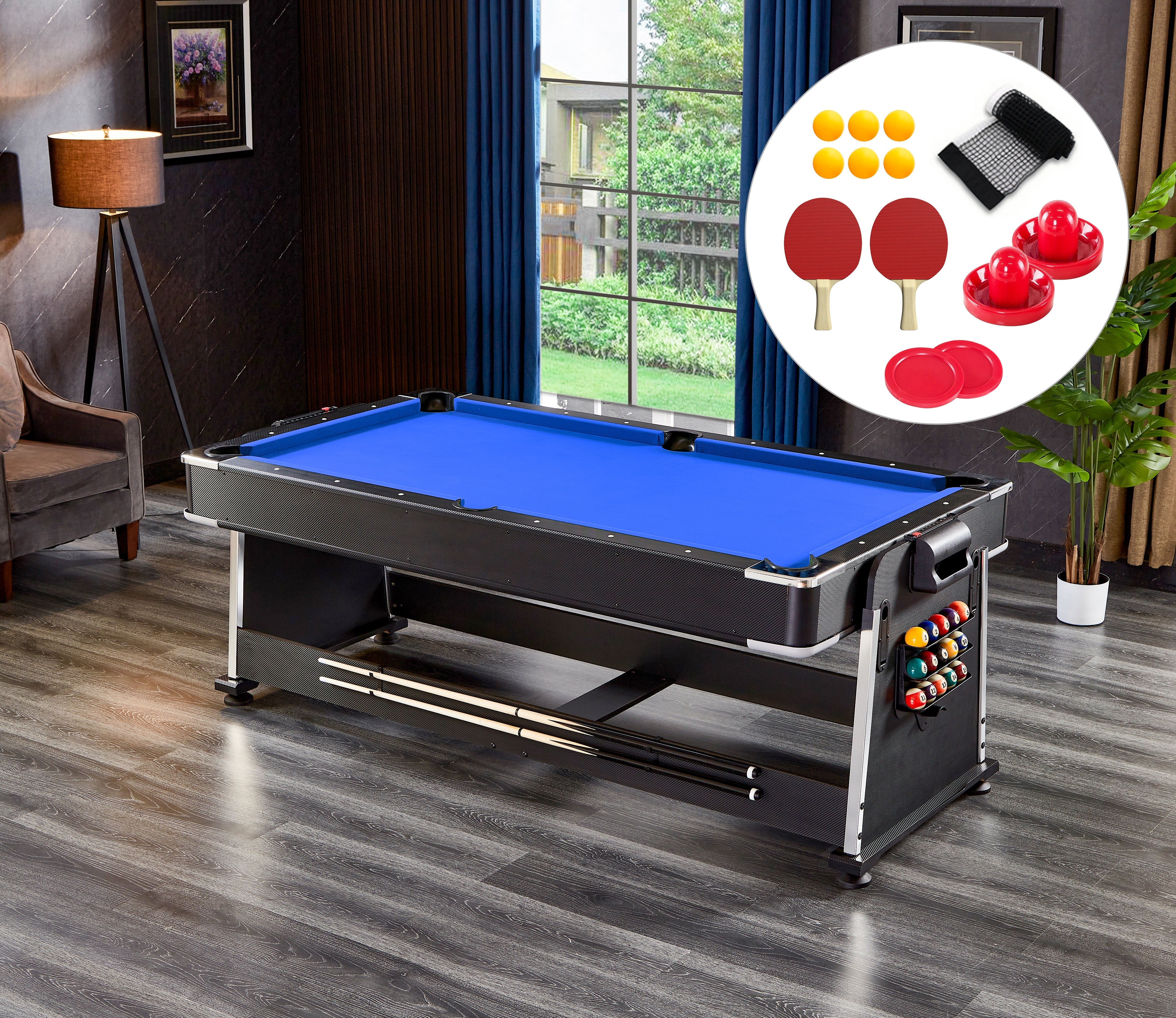ActiveGo AirShot 4-IN-1 Velvet Cloth Pool Table and Air Hockey Table with Table Tennis and Desktop, Ball and Air Puck Return System and Easy-Flip Design, Full Air Hockey, Billiards Balls and Cues and Table Tennis Bats and Balls Included