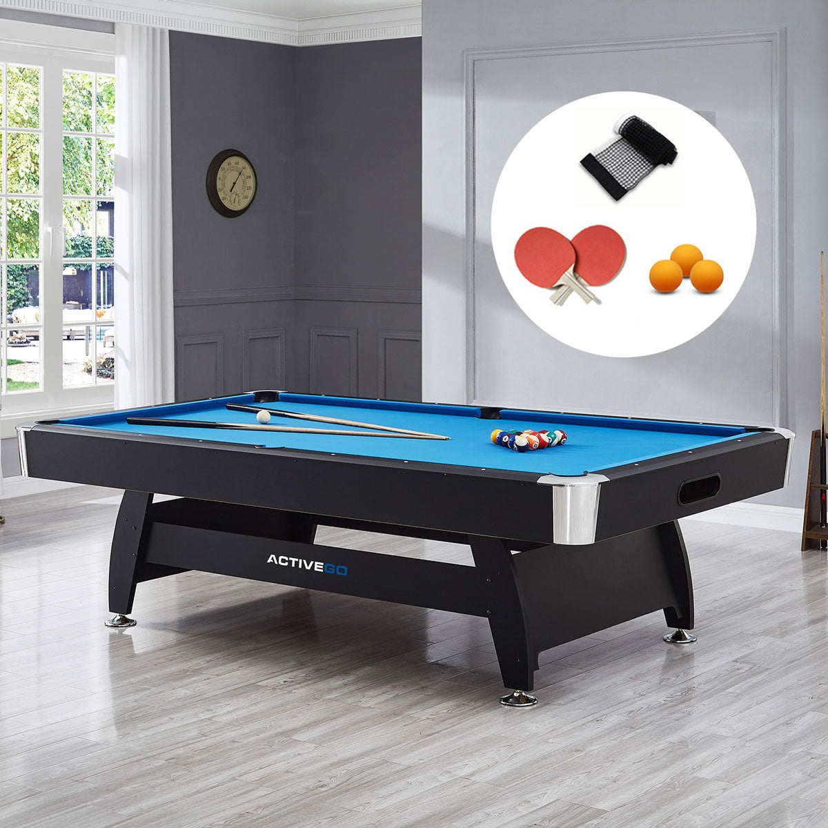 ActiveGo BreakShot 7ft High Speed Velvet Cloth Pool and Billiards Table with Ball Return, Solid Legs, 3-IN-1 Top for Table Tennis, full table Table Tennis and Pool  Pool Cues, Balls and Accessories Included