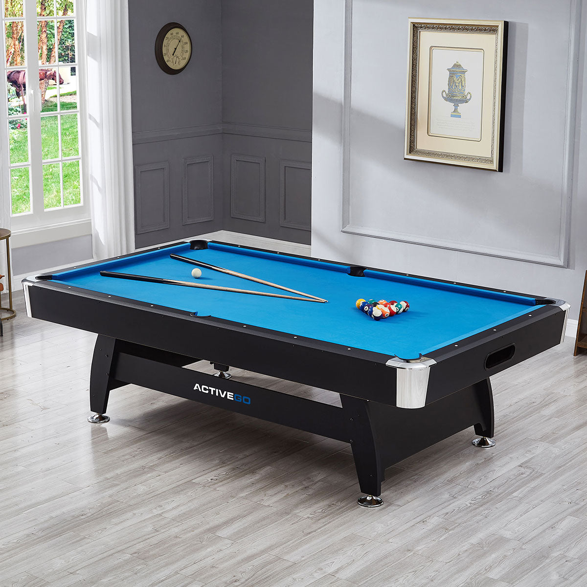 ActiveGo BreakShot 8ft High Speed Velvet Cloth Pool and Billiards Table with Ball Return, Solid Legs, and Pool Cues, Balls and Accessories Included