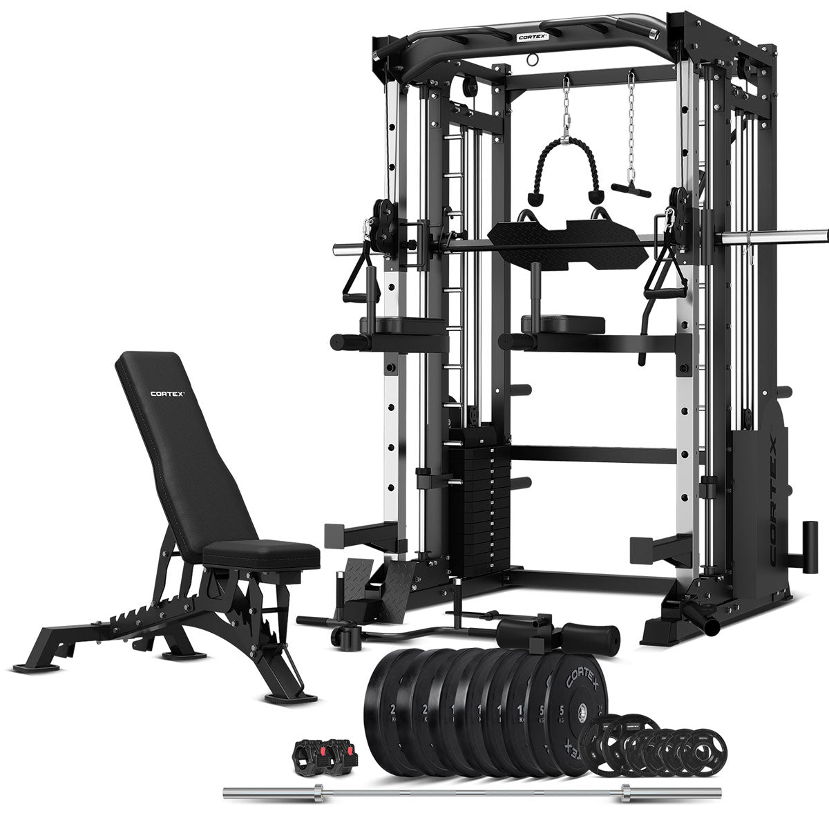CORTEX SM-25 6-IN-1 POWER RACK WITH SMITH & CABLE MACHINE + BN-9 BENCH + 130KG OLYMPIC BUMPER WEIGHT PLATE & BARBELL PACKAGE