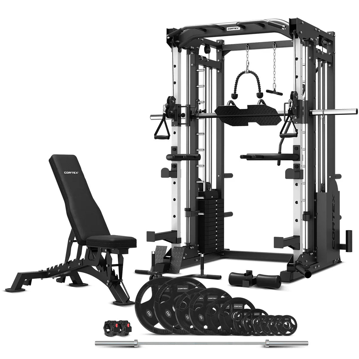 CORTEX SM-25 6-IN-1 POWER RACK WITH SMITH CABLE MACHINE + BN-9 BENCH + 100KG OLYMPIC WEIGHT PLATE & BARBELL PACKAGE