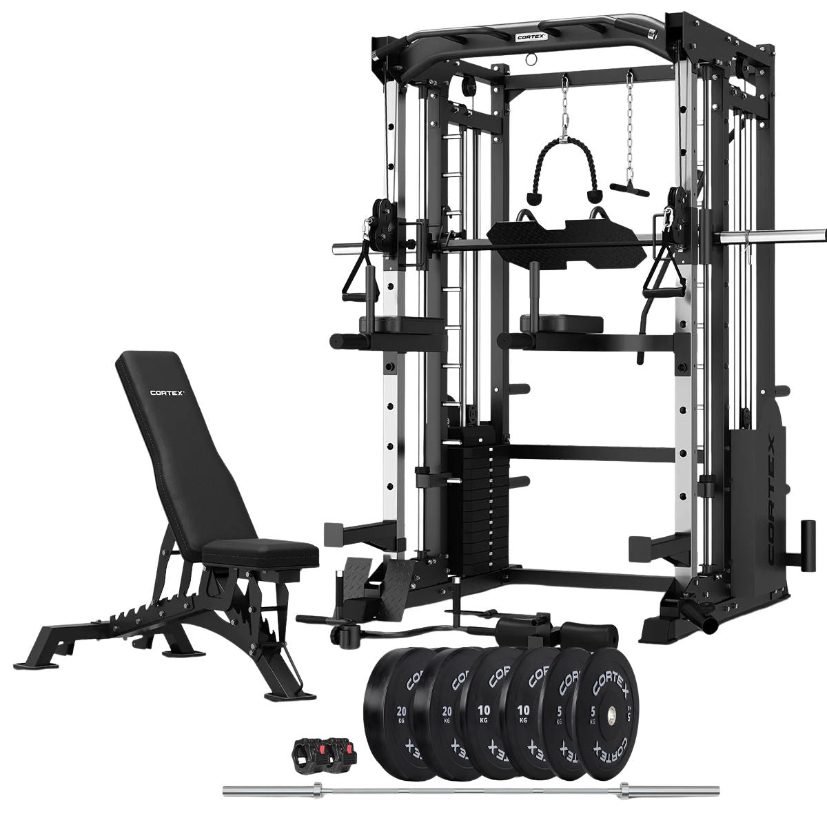 Cortex SM-25 6-in-1 Power Rack with Smith & Cable Machine + BN9 Bench + 70kg Olympic Bumper Weight Plate & Barbell Package