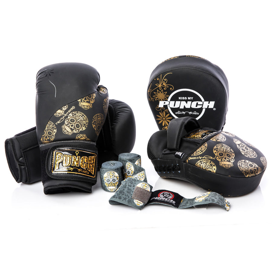 BOXING GLOVES - Urban™ GOLD SKULLS - 12oz - BLACK
