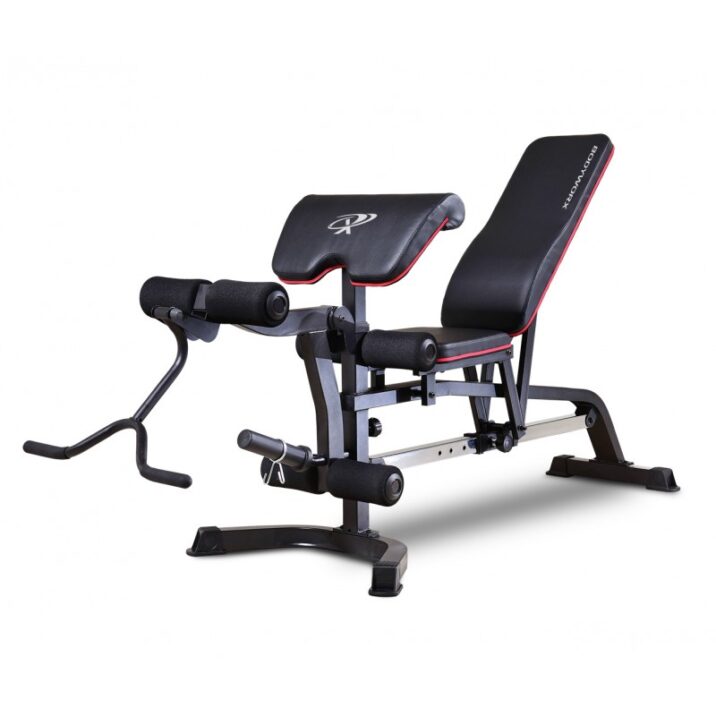 BODYWORX CXID200 Performance Bench, featuring a leg attachment and preacher pad
